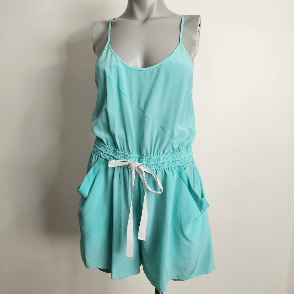 Aritzia X Wilfred "Peri" Teal Blue Silk Spaghetti Strap Shorts Romper Size S/M - Picture 3 of 16